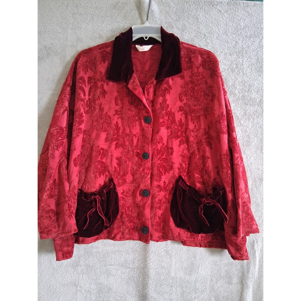 Angel Pie Jacket S/M Red Damask Velvet Trim Victorian Romantic Lagenlook Floral